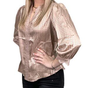 MINE Lace Accent Houndstooth Print Champagne V-neck Blouse Size Medium